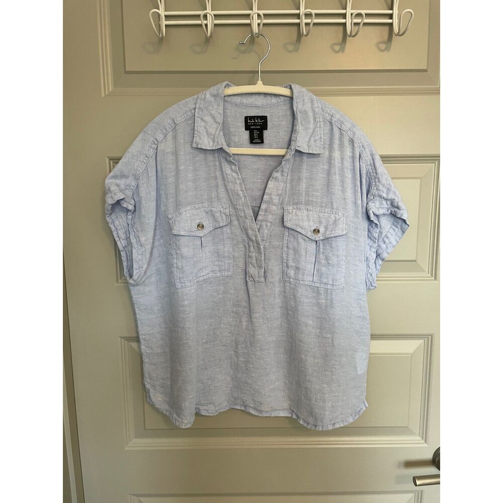 100% linen blue popover shirt, size L